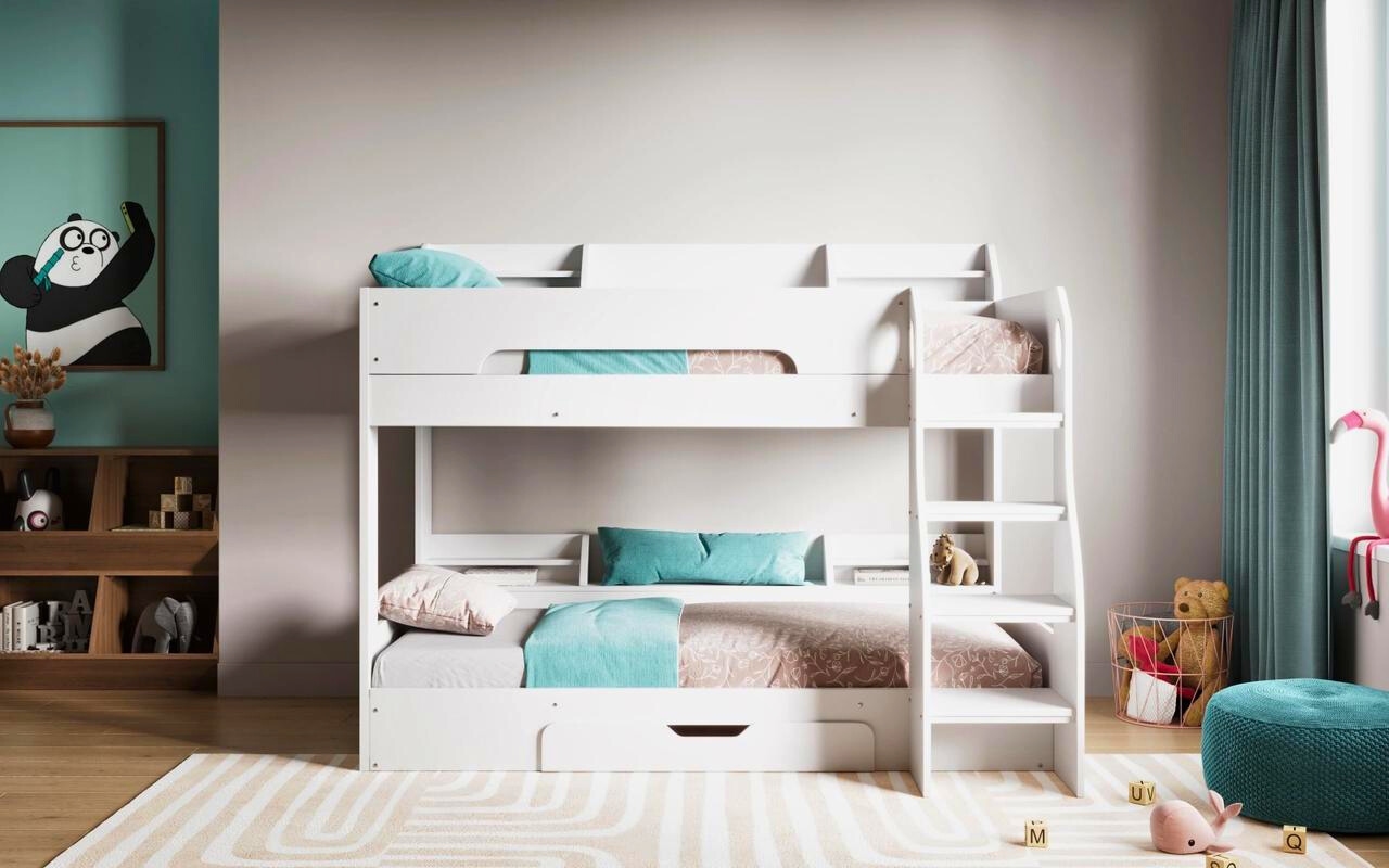 Wooden bunk beds with blue bedding
