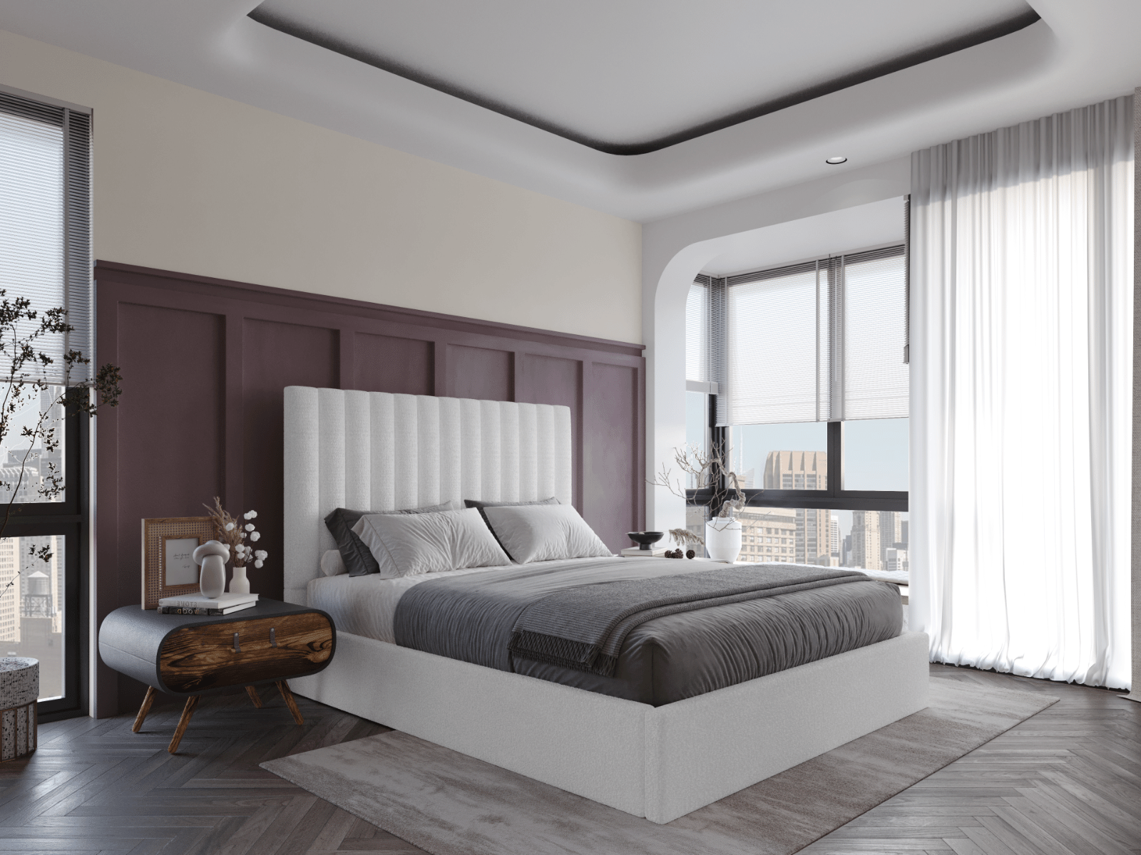 Cream double bed with grey bedsheets