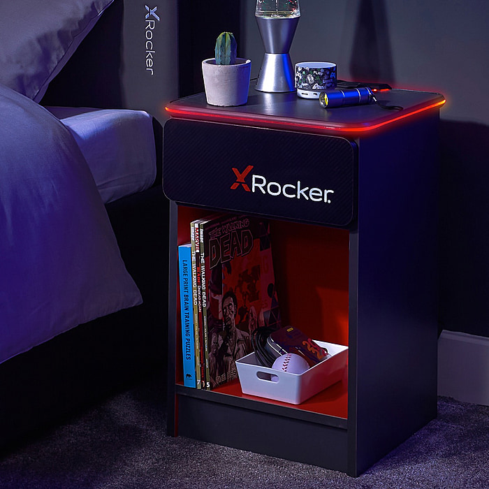 X Rocker Carbon-Tek Bedside Table with LEDs and Wireless Charging - Black