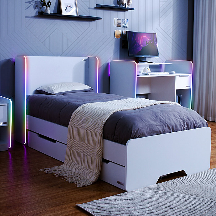 X Rocker Electra Bed With Trundle Drawers - LED Lighting - White