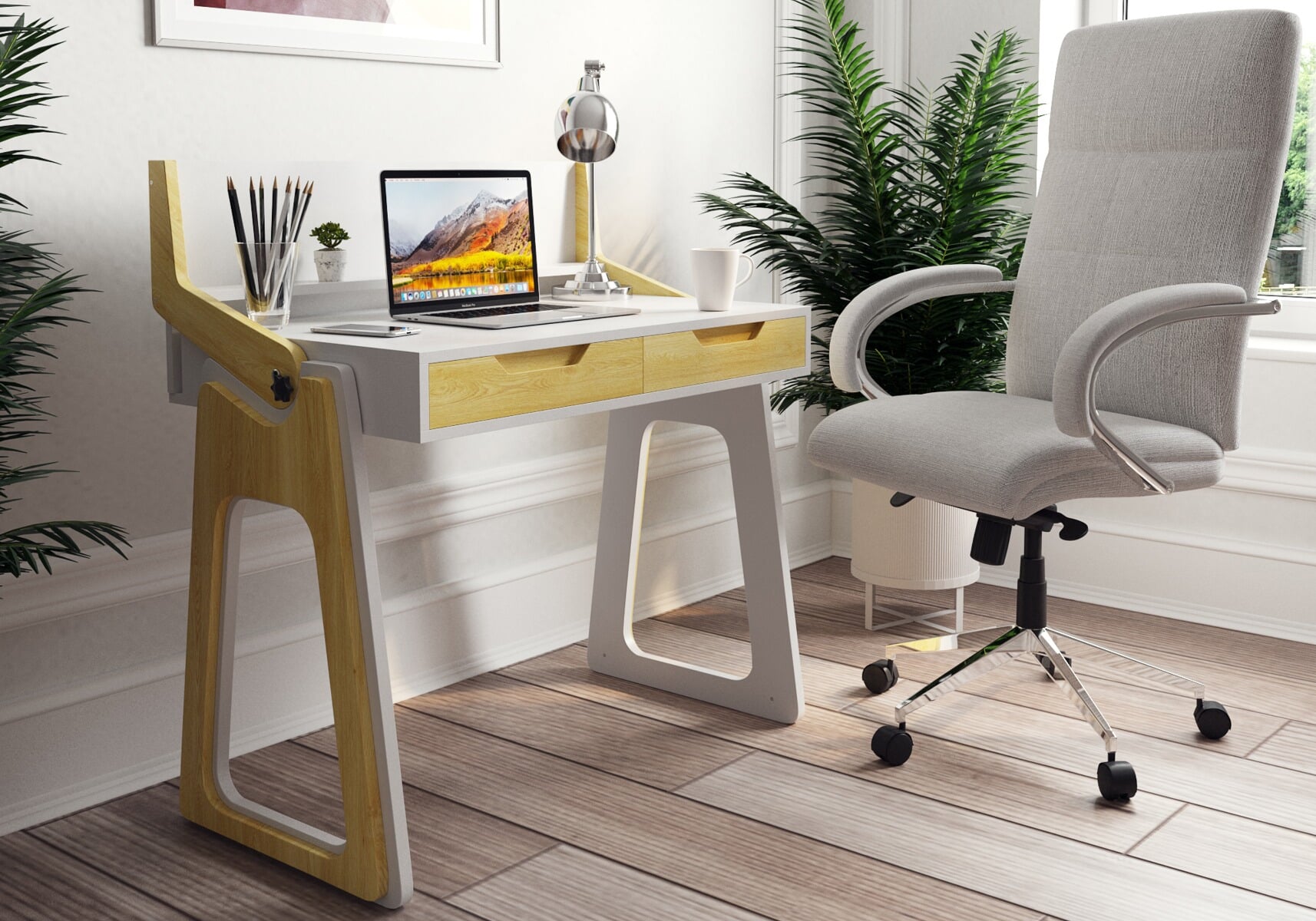 Adjustable sitting outlet desk