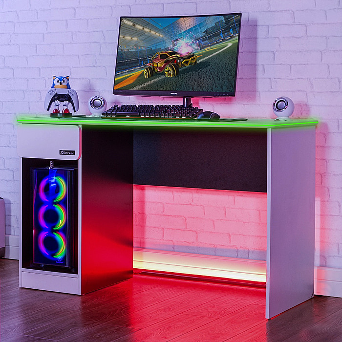 X Rocker Carbon-Tek Desk with Wireless Charging and LED Lights - White