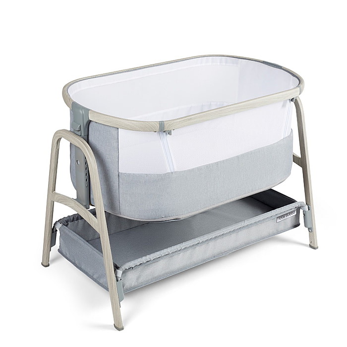 Bedside baby crib, grey and white with see-through mesh, white metal frame