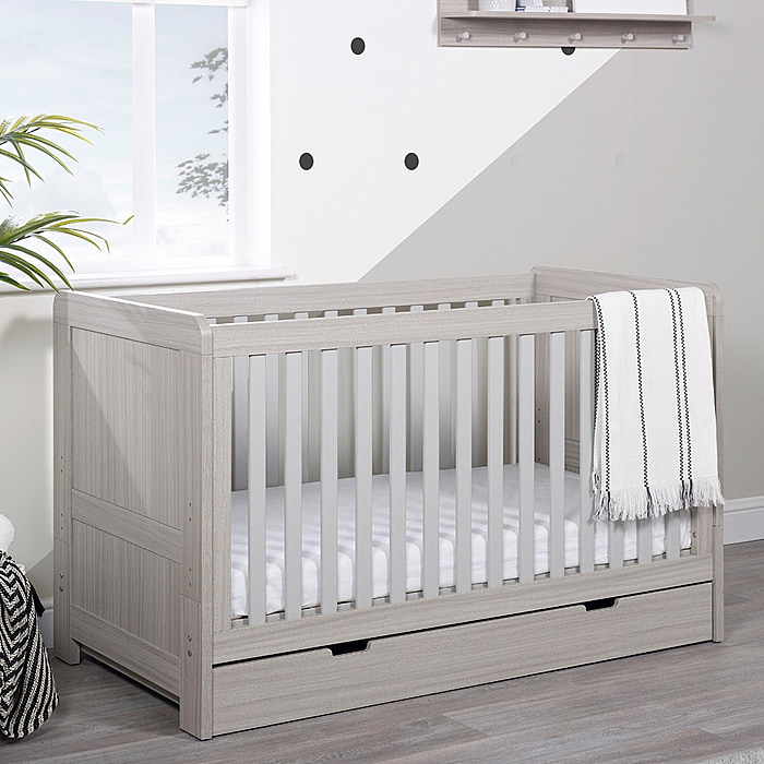 Ickle Bubba Pembrey Ash Grey Cot Bed and Under Drawer Ash Grey finish Modern style Under drawer on castors