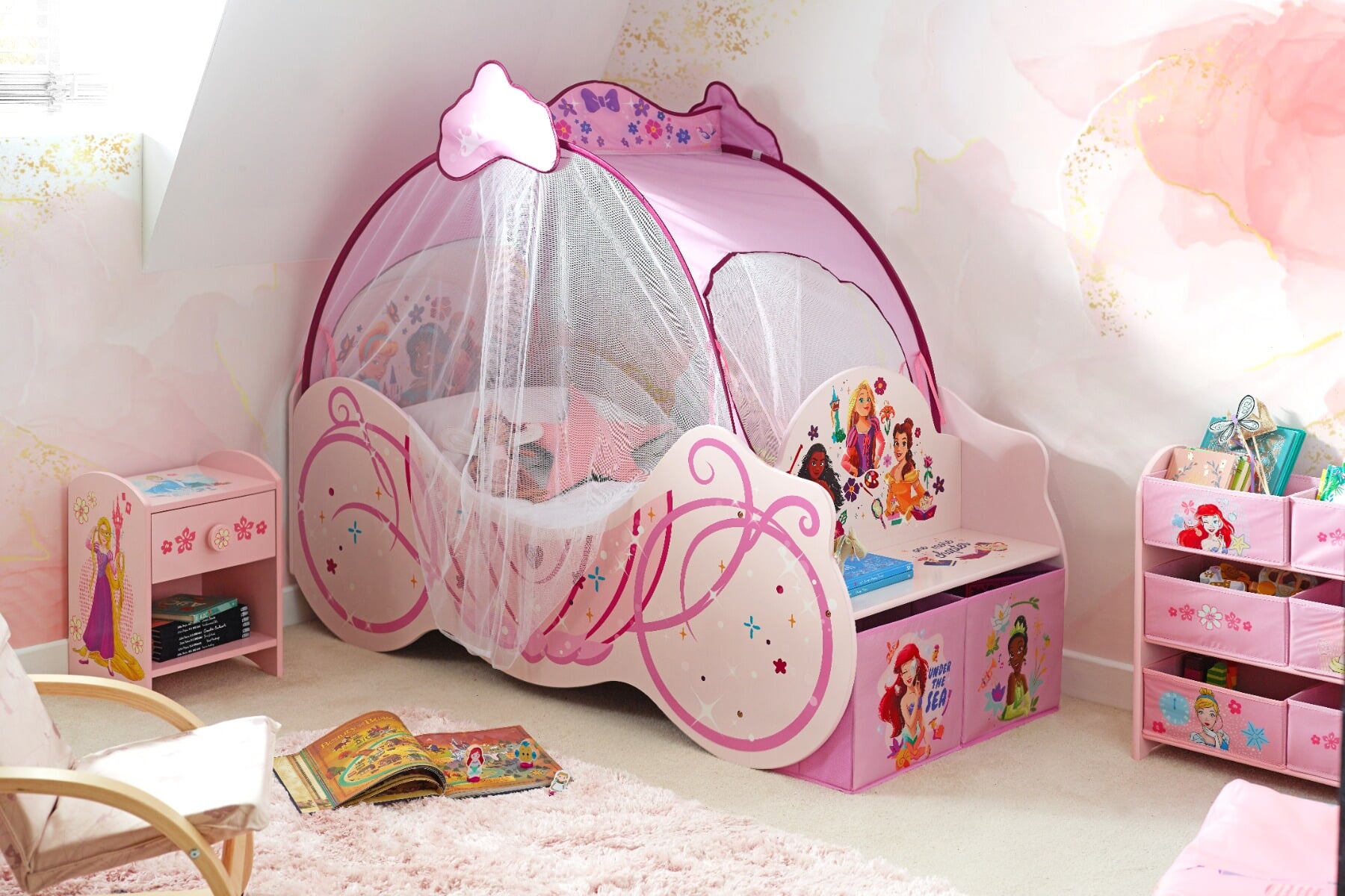 Disney Princess Carriage Bed with Seat Storage Boxes and Fu