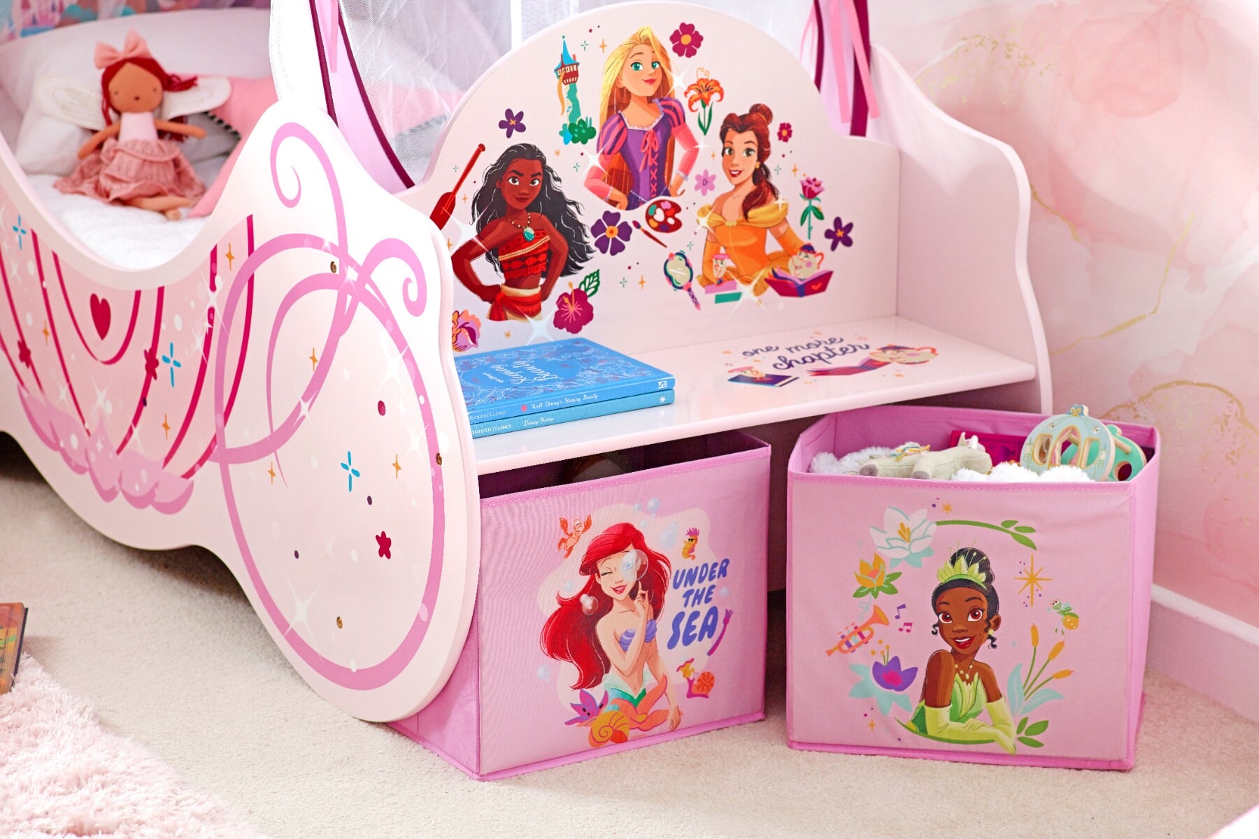 Disney Princess Carriage Bed with Seat Storage Boxes and Fu