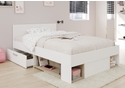 Contemporary white and oak effect storage bed with 2 drawers and 4 open storage shelves.