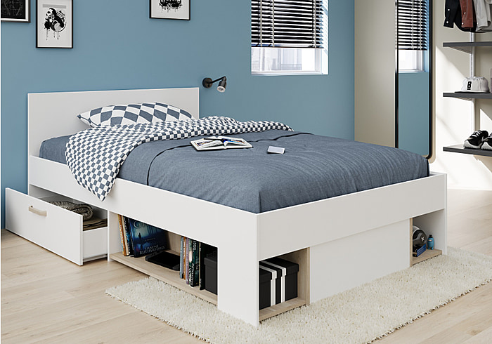 Contemporary white and oak effect storage bed with 2 drawers and 4 open storage shelves.