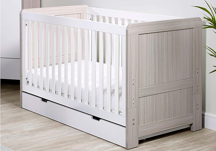 Ickle Bubba Pembrey Ash Grey and White Cot Bed with Under Drawer Modern design