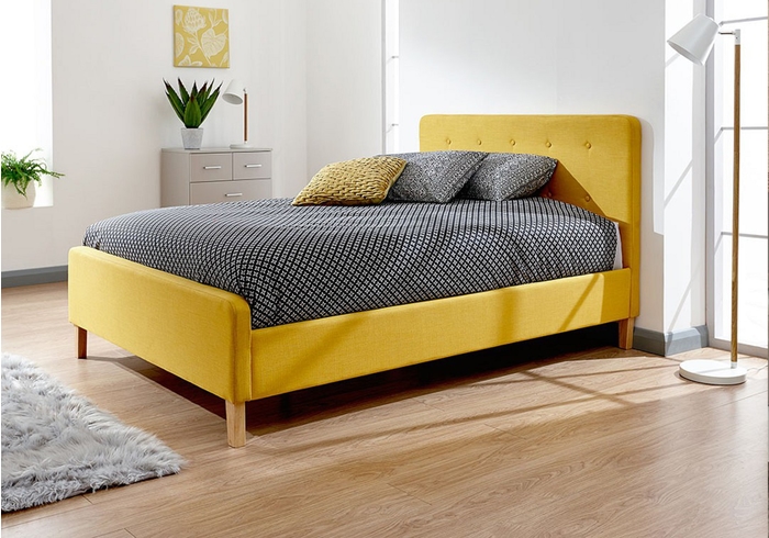 GFW Ashbourne Mustard Fabric Bed Frame Retro design vibrant mustard yellow hopsack buttoned headboard wooden legs