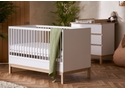 Modern 2 piece nursery room set includes cot bed and 3 drawer changing unit. White and natural finish.