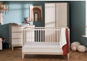 Modern 3 piece nursery room set, cot bed, double wardrobe and 3 drawer changing unit. Satin and natural finish.
