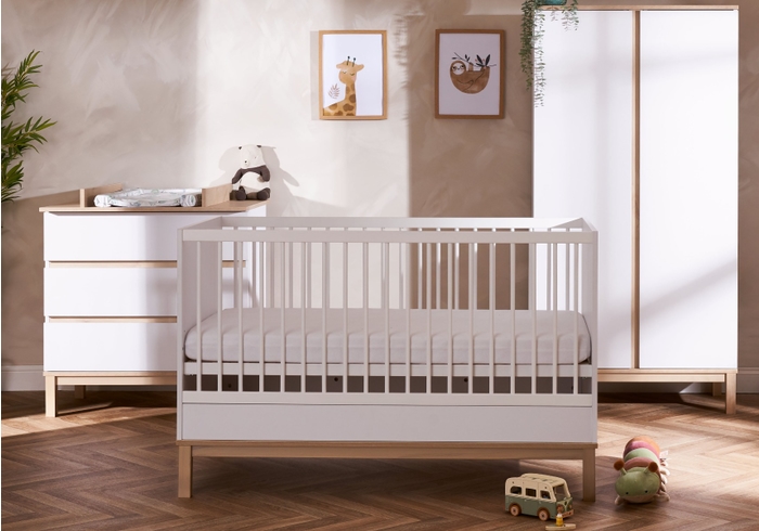 Modern 3 piece nursery room set, cot bed, double wardrobe and 3 drawer changing unit. White and natural finish.