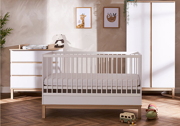 Modern 3 piece nursery room set, cot bed, double wardrobe and 3 drawer changing unit. White and natural finish.
