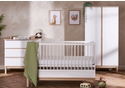 Contemporary 3 piece room set comprising, mini cot bed, 3 drawer changing unit and double wardrobe. White and natural finish.
