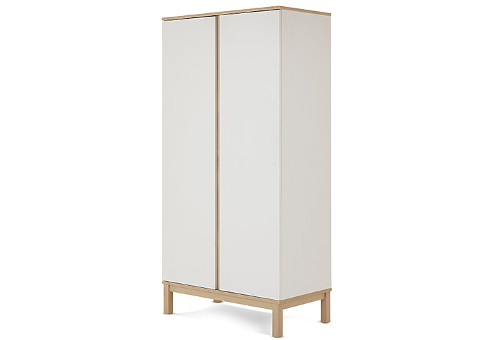 Modern double wardrobe featuring 2 hanging rails and shelf above. White and natural finish.