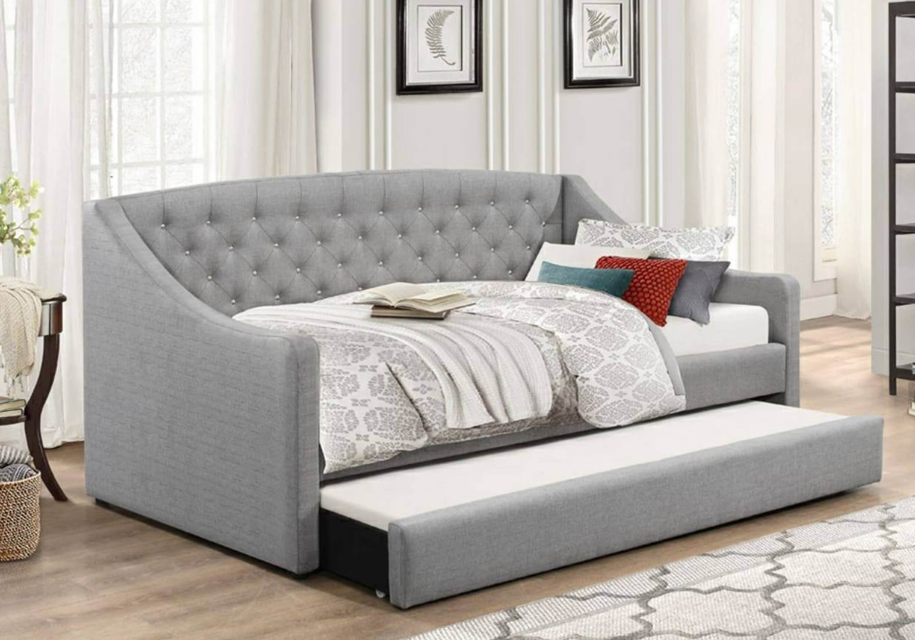 Grey fabric store daybed with trundle