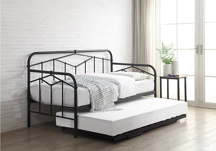 Black Metal Day bed with an art deco design. Pull-out under bed that raises to the same height as the main bed.