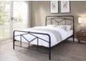 Metal bed frame with an art deco style. Geometric designed headboard and foot board. Matte Black finish.
