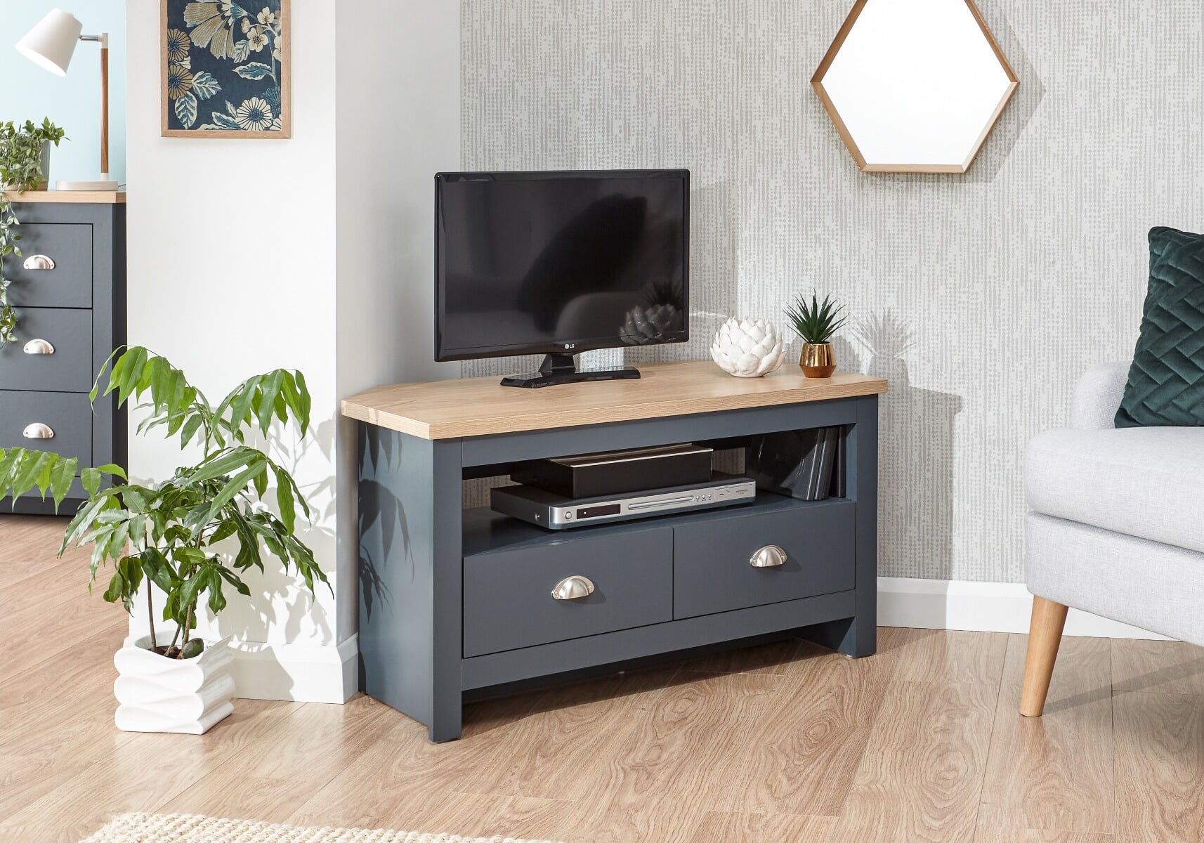 Grey wood deals corner tv stand