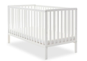White wooden cot bed with open slat design and teething rails.