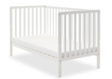 White wooden cot bed with open slat design and teething rails.