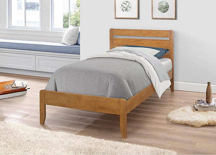 A contemporary style wooden bed frame, horizontal slatted headboard and tapered legs