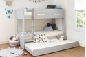 Modern grey bunk bed with a pull out trundle drawer. Integrated ladder with deep treads and grab handles.