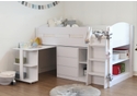 White, modern mid sleeper bed with 3 drawers, pull out desk and three sets of shelves. Compact design.