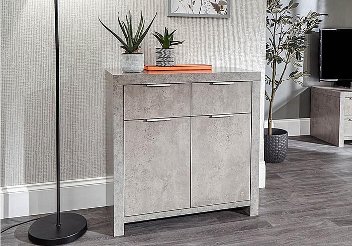 GFW Bloc Compact Sideboard Modern design 2 drawers double cupboard with 2 shelves concrete effect melamine finish