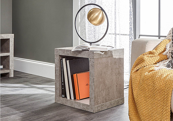 GFW Bloc Cube Side Table Modern minimalist design Handy open shelf Concrete effect melamine finish