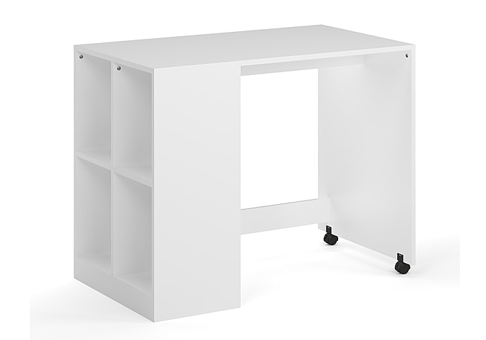 Modern white pull out kids desk with four storage compartments. Shown with the Kidsaw Coast midsleeper.