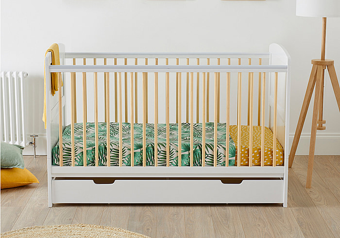 Classic style cot bed white and natural wood with drawer below by Ickle Bubba