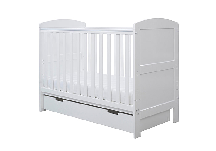 Ickle Bubba Coleby Mini Cot Bed and Under Drawer white finish classic style slatted base solid end panels suitable from birth to approx 4 years