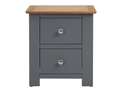 Classic style grey painted wooden 2 drawer bedside with a solid oak top. Shiny chrome handles.