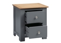 Classic style grey painted wooden 2 drawer bedside with a solid oak top. Shiny chrome handles.