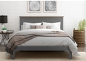 A classic style grey painted wooden bed frame with a panelled headboard and low foot end. Solid smoked oak plinth.