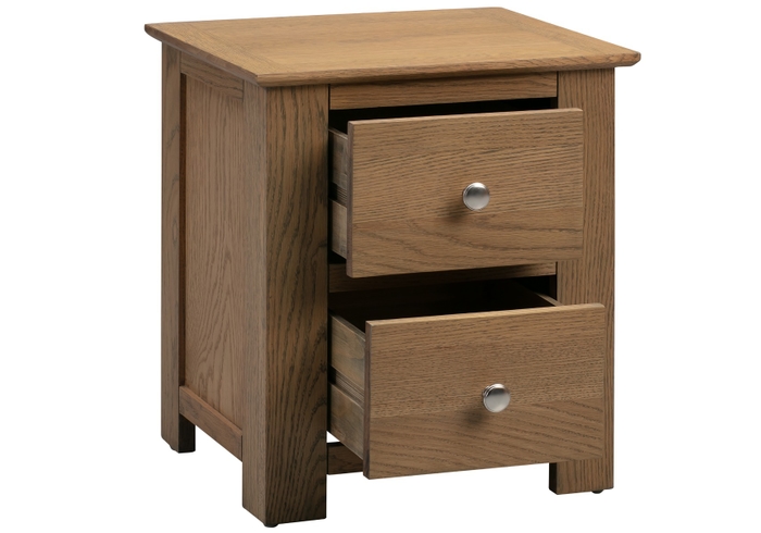 Modern 2 drawer wooden bedside with a smoked oak finish and chrome handles.
