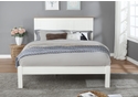 Classic style white painted wooden bed frame with a solid light oak headboard plinth. Low foot end. Panelled headboard.