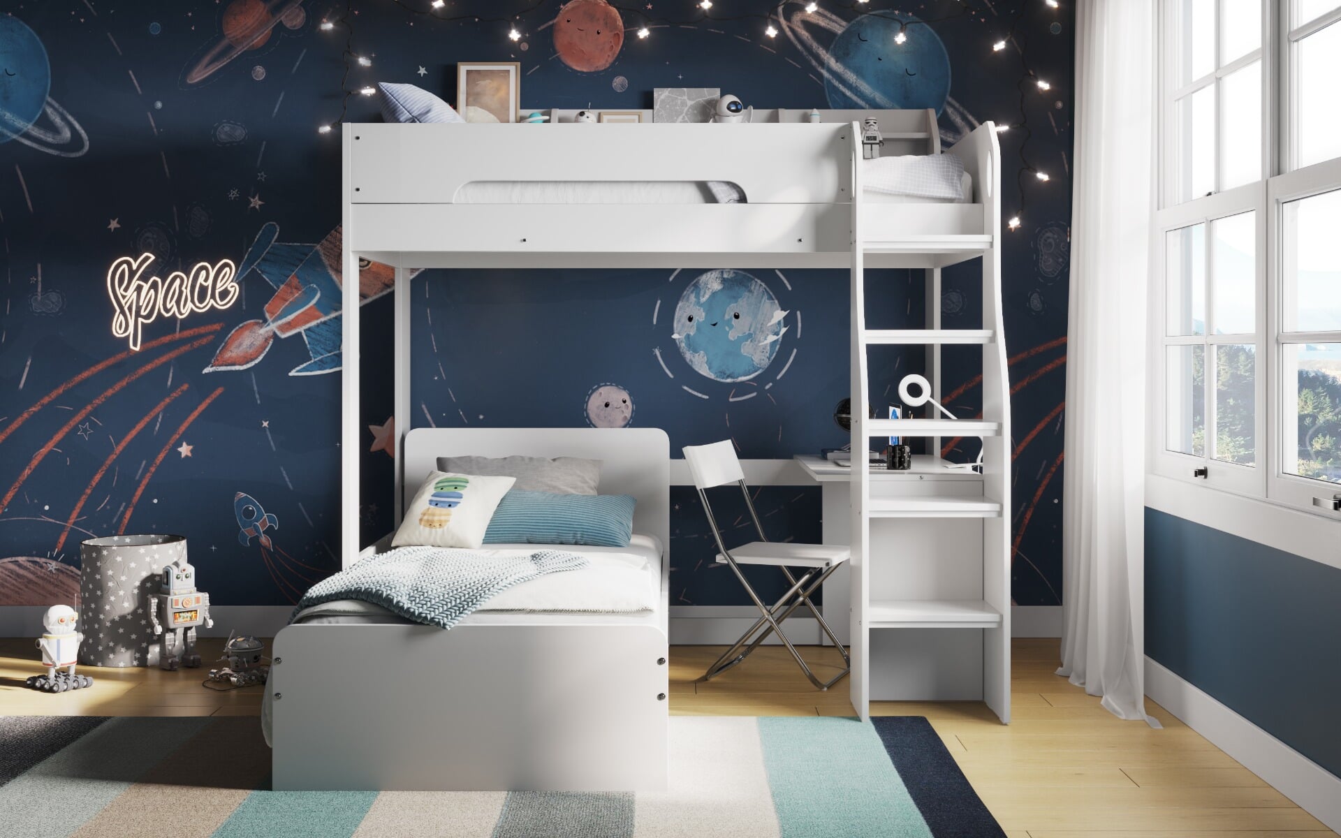 L shaped loft bed store with futon