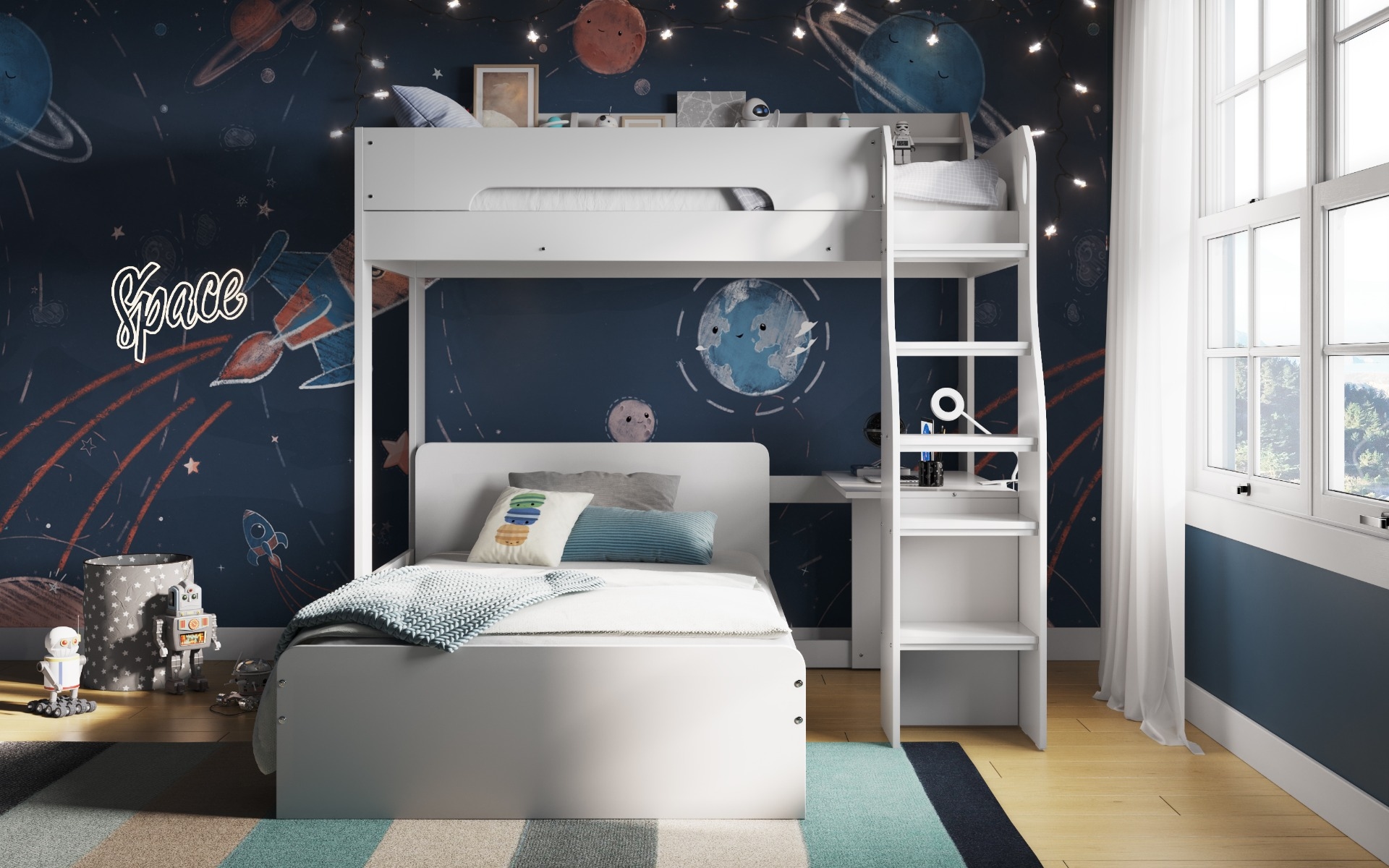 Flair Cosmic L Shaped Triple Bunk Bed White With Shelves