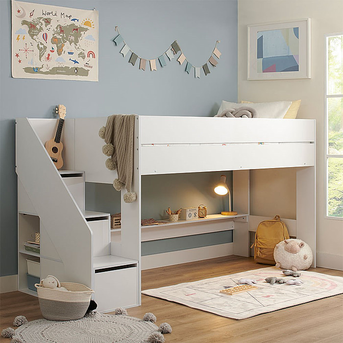 Flair Olivia Mid Sleeper Bed with Shelves and Storage Stairs
