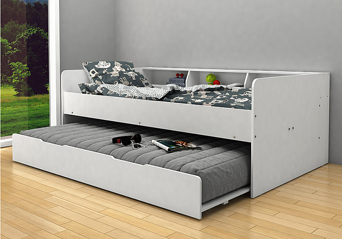 Modern white children's day bed with pull out trundle bed and storage shelves.