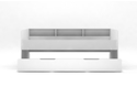 Modern white children's day bed with pull out trundle bed and storage shelves.