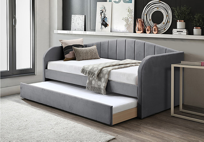 Grey velvet daybed with pull-out trundle, modern design by Flintshire Furniture