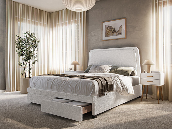 Delano boucle bed white with drawers