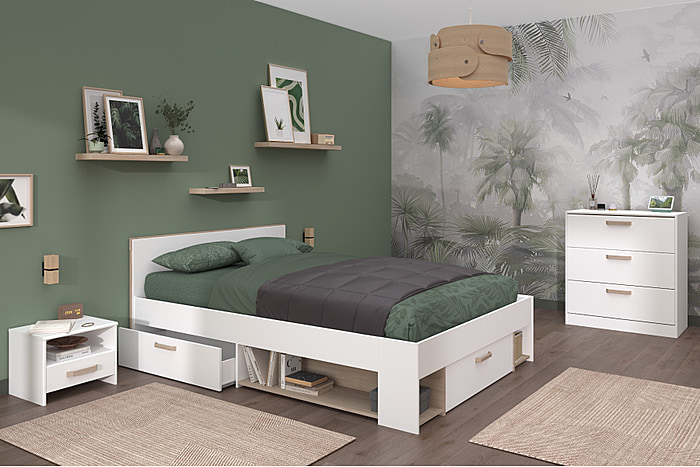A contemporary storage bed frame in white with oak effect accents. Includes 3 drawers and 4 open storage areas.