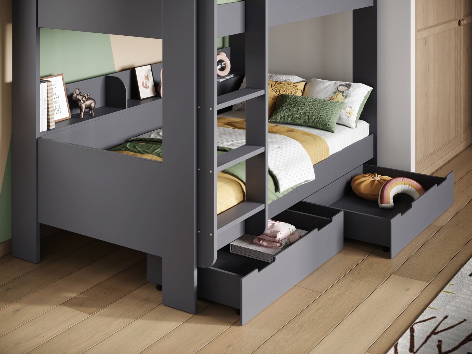 Euroco full over full bunk bed with deals storage shelves and 2 under storage drawers