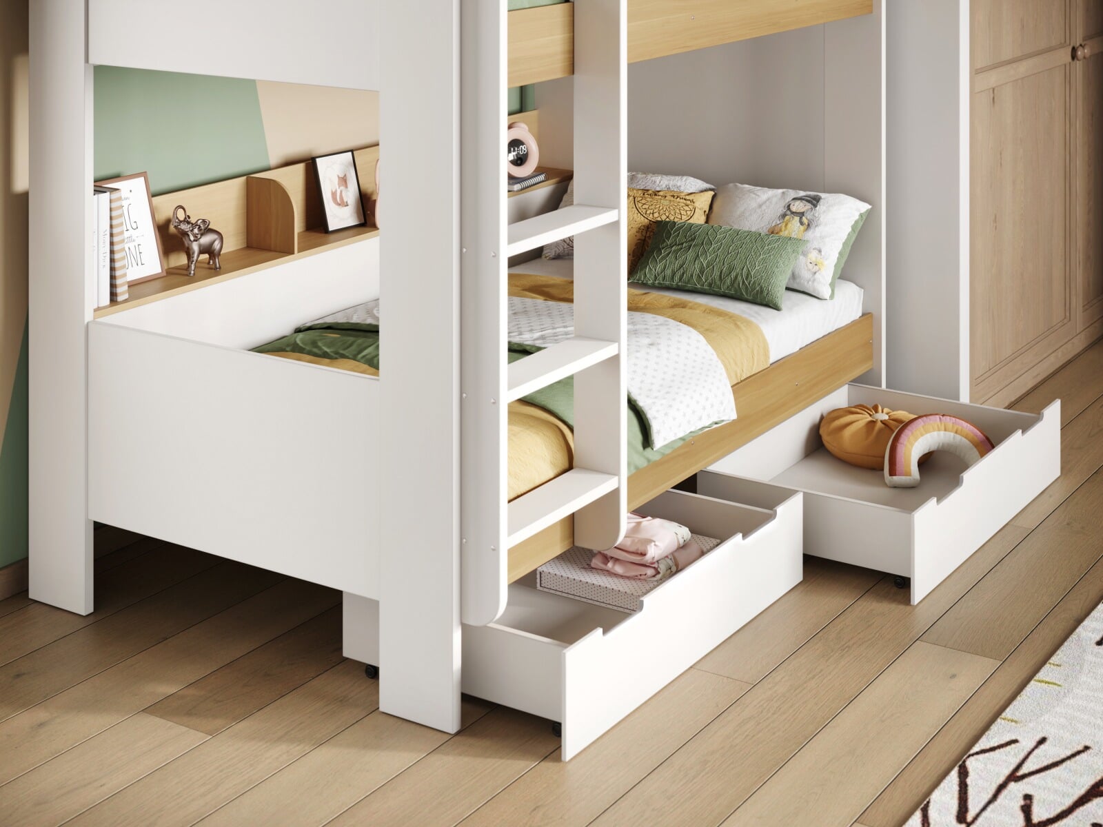 Twin loft bed with shop drawers and shelves