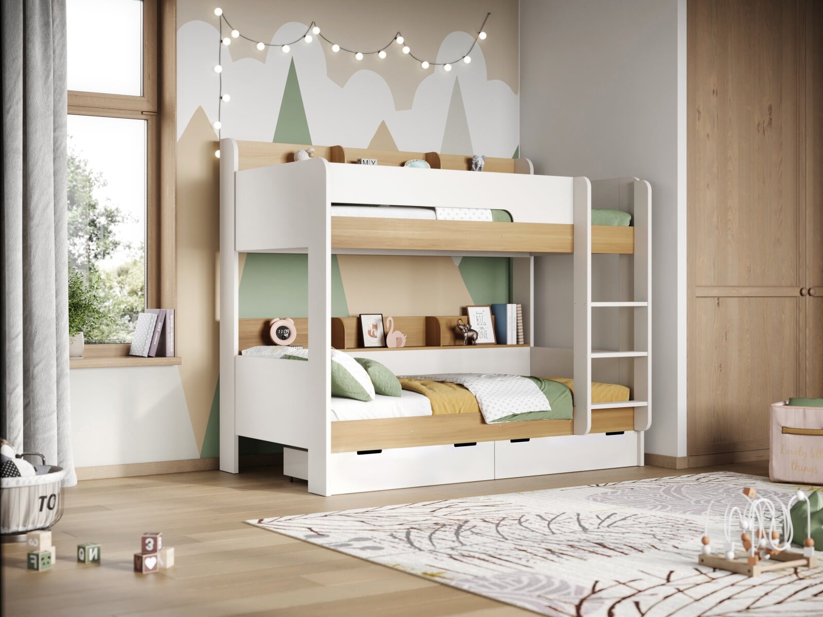Wooden bunk beds online with shelves